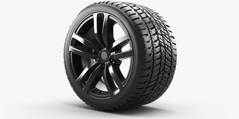 Obraz premium A new black tire on a shiny alloy rim, isolated on a white background, ready for the road or race track.