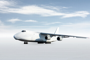 White wide body transport cargo aircraft isolated on bright background with sky