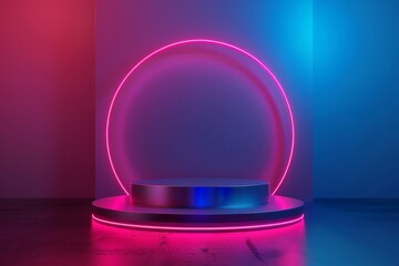 Futuristic circular neon podium, sleek metal with holographic display, digital cosmos background, perfect for advanced tech gadgets