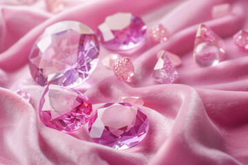 A collection of pink gemstones arranged in a circular pattern on a soft pink velvet cloth.