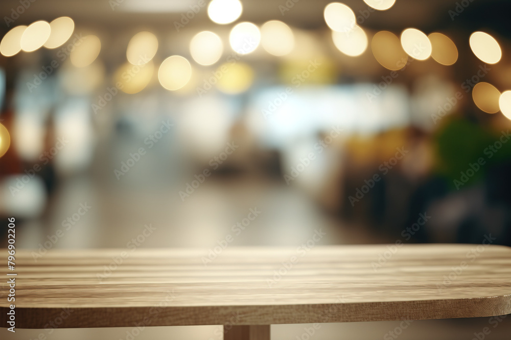 Poster tabletop view on modern product display in grocery or department store with wooden table and blurred