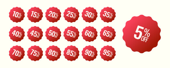 Set of red discount icons. Stickers for sale events. Gradient signs  for offer price.