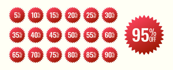 Set of red discount icons. Stickers for sale events. Gradient signs  for offer price.