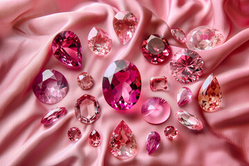 A collection of pink gemstones arranged in a circular pattern on a pink velvet cloth.