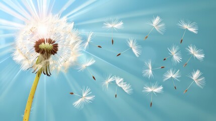   A dandelion drifts in the wind against a blue sky, surrounded by a few more dandelions aloft