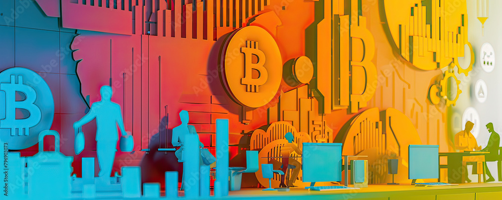 Poster conceptual art of a dynamic office environment focused on bitcoin and cryptocurrency trading activit