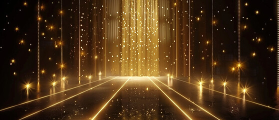 Bright empty stage illuminated by golden lights, glitter and bokeh. Abstract minimalistic bright trendy podium background for fashion show, awards and presentation