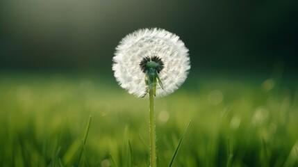  A dandelion in the heart of a verdant field, against a hazy, blurred backdrop of sky