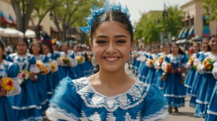 Vibrant traditional dance parade with young woman in blue dress