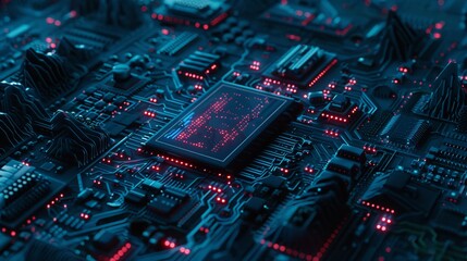 Advanced processor chip on a futuristic circuit board with glowing red lights