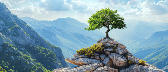 Mountain landscape with tree in summer, scenic lonely pine on cliff top, panoramic amazing view....