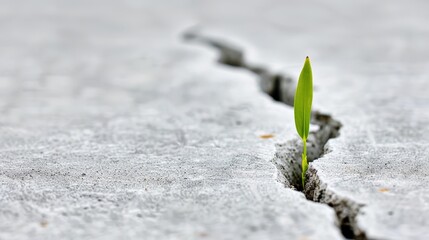   A tiny green plant emerges from a fissure in the concrete wall; beside it, a split in the earth