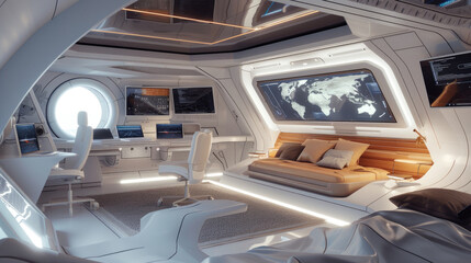 Spaceship room interior, design of white habitat with computer screens and map in spacecraft. Futuristic living compartment. Concept of space, technology, scifi, future