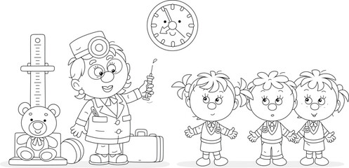 Doctor pediatrician holding a syringe for vaccination little kids in a medical office of a pediatric polyclinic, black and white vector cartoon illustration for a coloring book