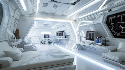 Spaceship room interior, design of white habitat with computer screens in spacecraft. Futuristic living compartment. Concept of space, technology, travel, future