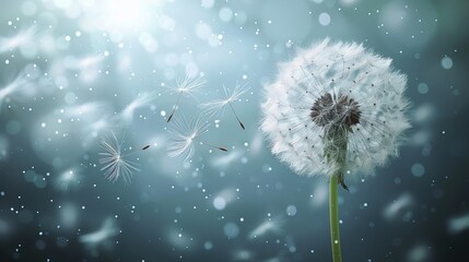   A dandelion floats in the wind against a blue-and-white backdrop, while snowflakes delicately fall upon it