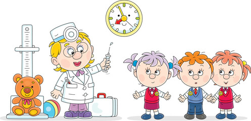 Doctor pediatrician in a white hospital gown holding a syringe for vaccination little kids in a medical office of a pediatric polyclinic, vector cartoon illustration isolated on a white background