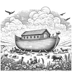 Noah Ark, a biblical boat ship vessel, resting on water with two doves in the foreground sketch engraving generative ai vector illustration. Scratch board imitation. Black and white image.