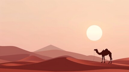 Tranquil desert sunset scene with camel silhouette