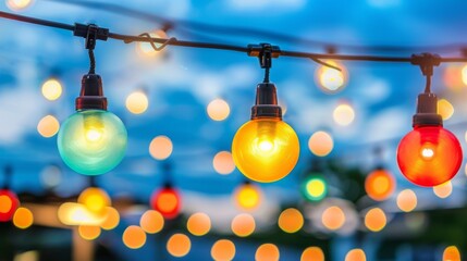 Colorful Outdoor Hanging Lights with Evening Bokeh Background