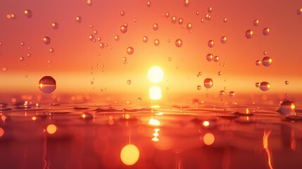   The sun sets over a body of water, with foreground drops and a pink background sky