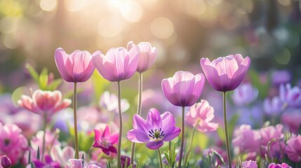 Radiant tulip garden in morning sunlight, capturing spring beauty