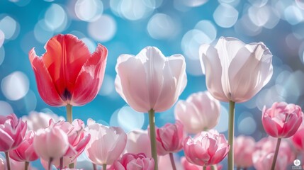 Radiant spring tulips under glistening sunlight with bokeh background