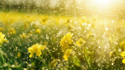 Sparkling morning dew on vibrant yellow wildflowers in sunshine