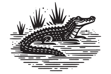 Crocodile in the river.   Old vintage engraving illustration. Hand drawn outline graphic. Logo, emblem, icon. Isolated object, cut out. black and white	