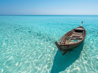 A traditional small wooden boat floats alone in the vast blue ocean, under a clear sky dotted with puffy white clouds, evoking a sense of solitude and freedom.