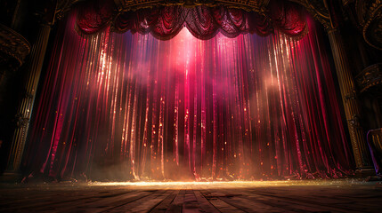Theatre stage adorned with vibrant red glittering curtains illuminated by radiant spotlights, capturing the essence of drama, performance, and artistic expression