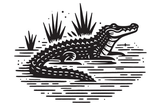 recommend clip art: Crocodile in the river.   Old vintage engraving illustration. Hand drawn outline graphic. Logo, emblem, icon. Isolated object, cut out. black and white	