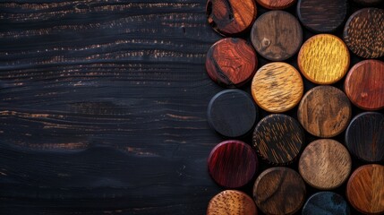   A tight shot of assorted wooden pieces in various colors atop a blackwood table, with ample room for text inscription