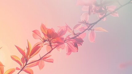 Ethereal spring blossoms on branch against soft pink sky background