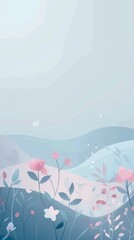 Tranquil pastel floral landscape with misty mountains and serene river