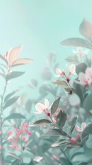 Serene pale blue background with delicate pink flowers and lush greenery