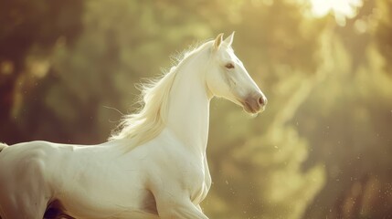   A white horse gallops in a field Trees line the backdrop, sunlit by shining sunlight