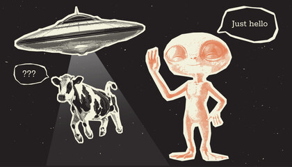 Retro Surreal Collage Set. Trendy halftone clip art elements in a retro futurism style, includes alien, UFO ship, cow. Vintage psychedelic dotted stickers for poster art or social media. Contemporary 