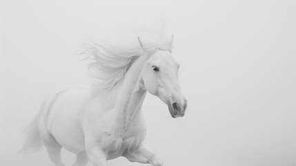Obraz na płótnie Canvas A white horse gallops through a foggy field in a monochrome photograph, its mane billowing in the wind