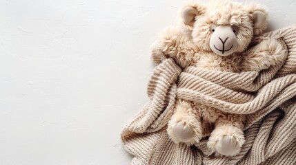   A  bear on a white surface, covered in a blanket, against a white background