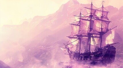   A pirate ship, generatively created, floats amidst a fog-shrouded seascape Mountains loom in the background - obrazy, fototapety, plakaty