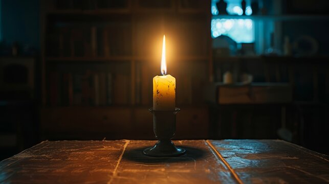   A candle atop a wooden table, bookshelf nearby in a dim room