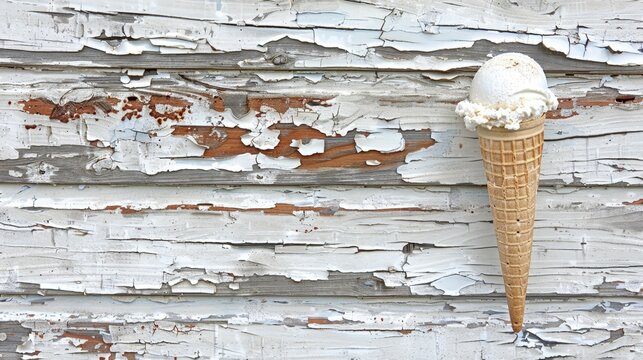   A wooden wall with peeling paint has an ice cream cone protruding from it