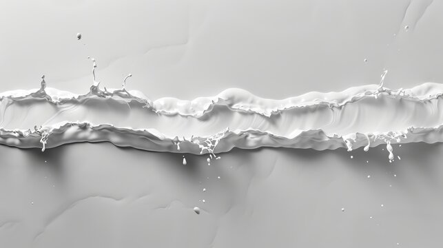   A monochrome image of a milk wave on a gray backdrop, with droplets of water cascading from its crest
