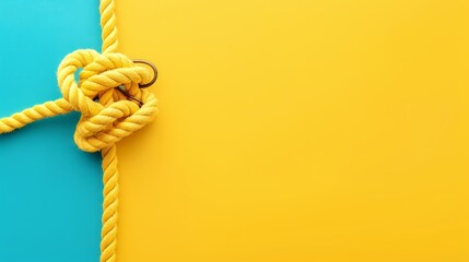   A yellow rope with a knot against a blue and yellow backdrop - insert text or image here - obrazy, fototapety, plakaty