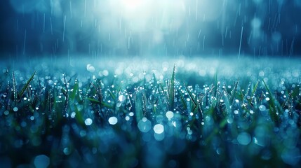   A rain-soaked grass field with sun rays piercing through, illuminating individual raindrops on blades