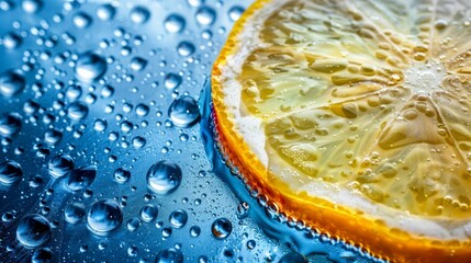   A lemon slice atop a blue surface, dripping with water beneath - obrazy, fototapety, plakaty