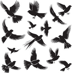 Set of Beautiful Birds black Silhouette