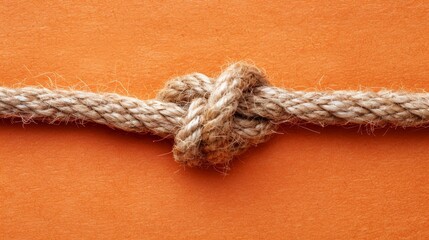   A tight knot at the end of a rope, captured in a close-up shot against an orange background