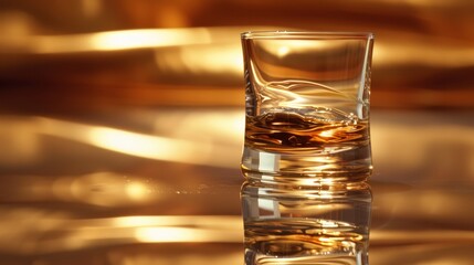   A glass holding liquid rests on a gleaming countertop beside a golden foil-covered wall